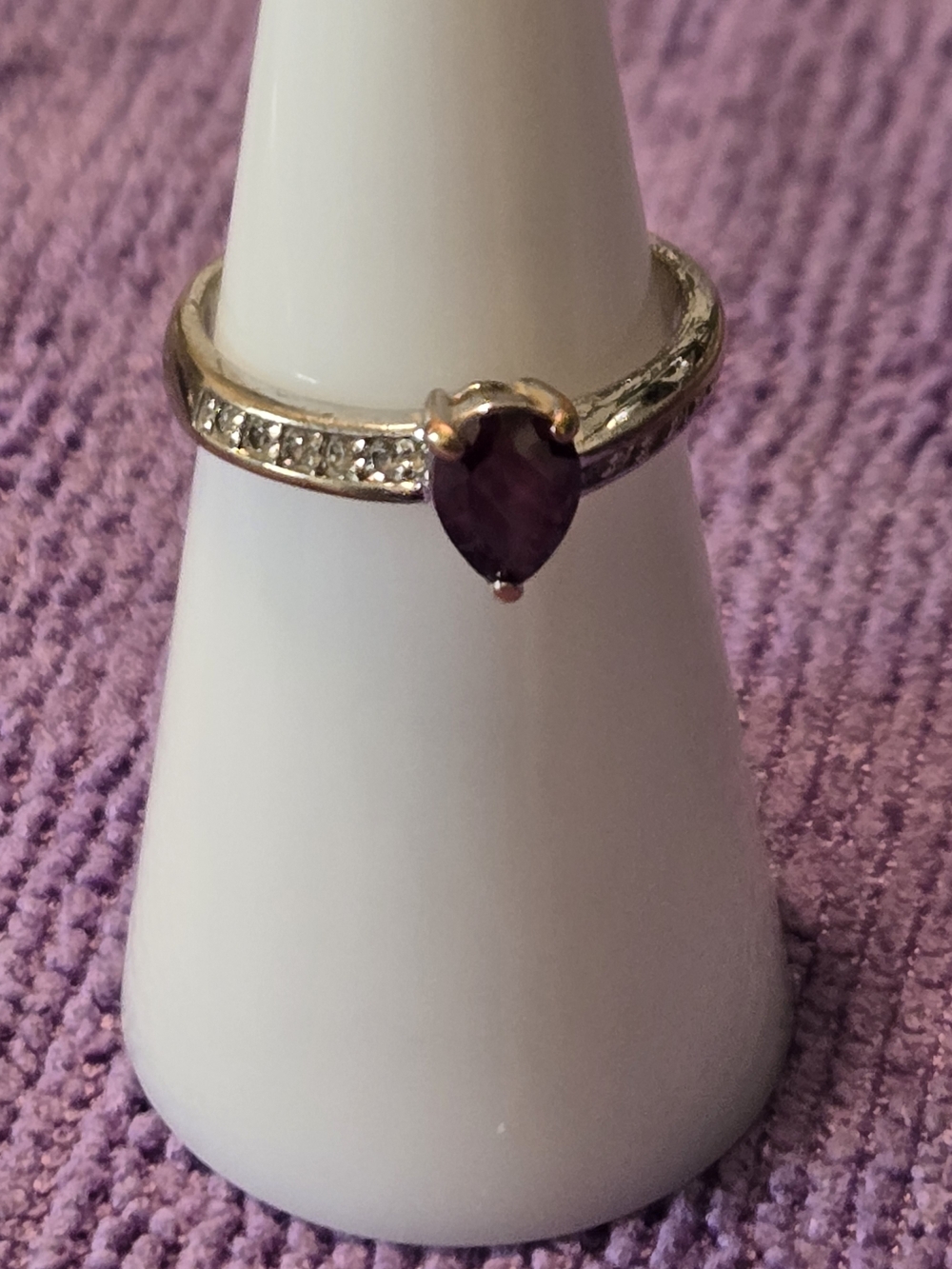 Silver Tone Pear-Shaped Purple Gemstone Ring with Pavé Accents